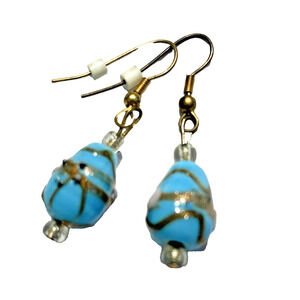 Vintage Pierced Earrings Blue Gold Pink Murano Glass Wedding Cake Bead Teardrops